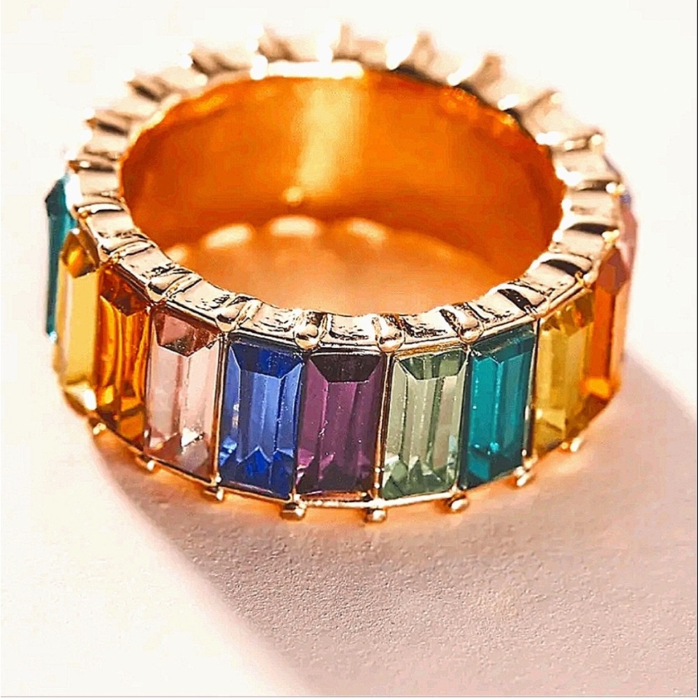 Anthropologie BaubbleBar Alidia  Multicolor Rhinestones Baguettes Ring Sz 6.5/7